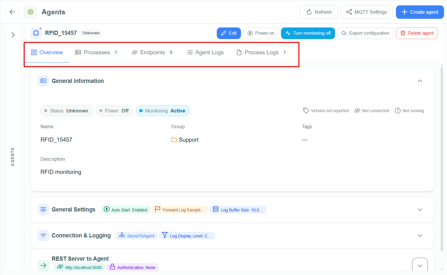 Agent details with the Edit, Power on, Turn monitoring off, Export configuration, and Delete agent buttons and the Overview, Processes, Endpoints, Agent Logs, and Process Logs tabs